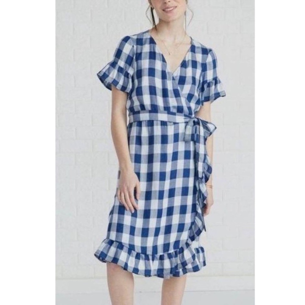Amour Vert Blue Gingham Wrap Dress Ruffle Hem Midi